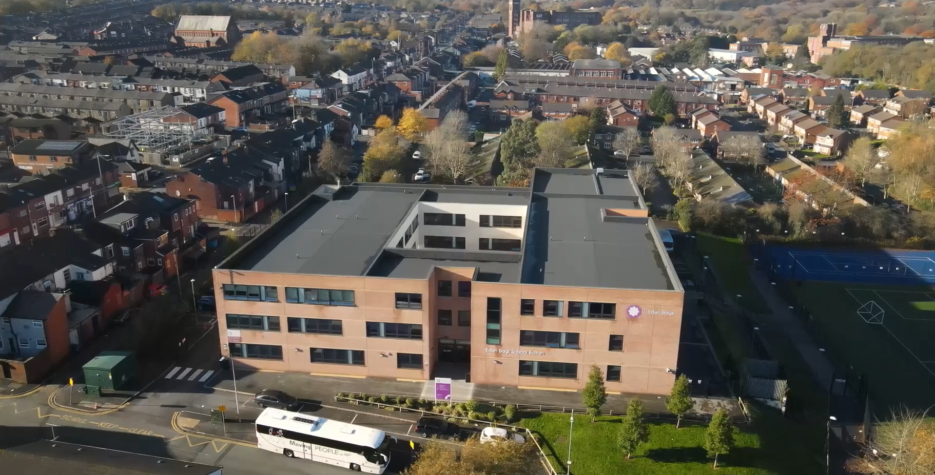 Aerial view of Eden Boys School captured by a drone, showcasing the school's layout and surrounding area.